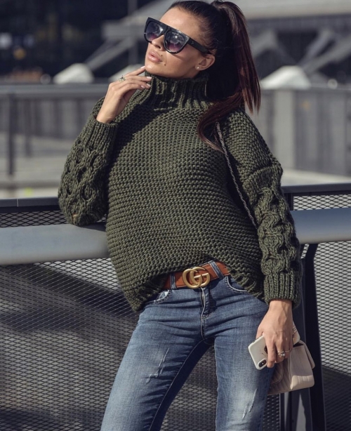 Дамски пуловер тъмно зелен  - код 7211 