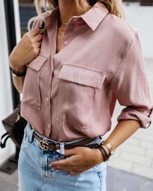 Дамска риза с джобове розова - код 5284 